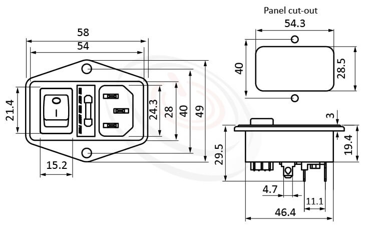 是一款電源插座AC SOCKET ,C14-插座+保險絲+開關-三合一插座螺絲鎖付 型號:JR-101-1FR-03-AC